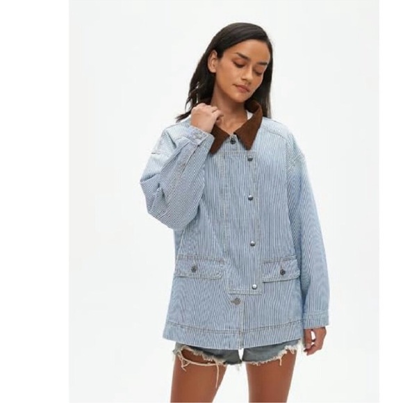 Oversized Denim Jacket with Corduroy Collar, Button Down, Long Sleeve new - Picture 8 of 10